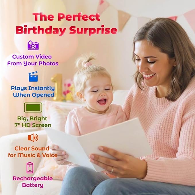 Baby Birthday Video Greeting Card – Personalized Photo Animation Gift – Sweet Keepsake for Young Kids – 7” HD Display, 256MB Memory, Long-Life Battery, Plug & Play USB Design