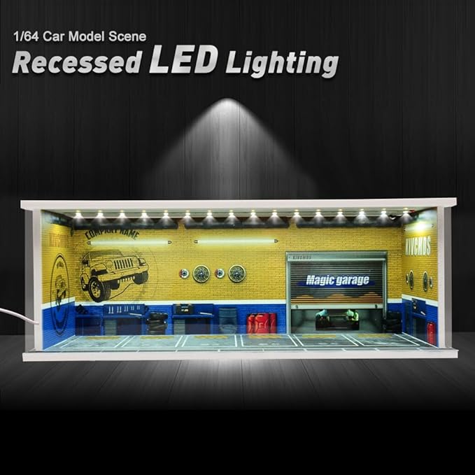 1/64 Model Car Display Case Diecast Diorama Garage，Simulated Parking Lot Model Miniature Scene Parking Lot PVC Assembly with Light Parking Space Model Display Frame Toy Display Box (Yellow)