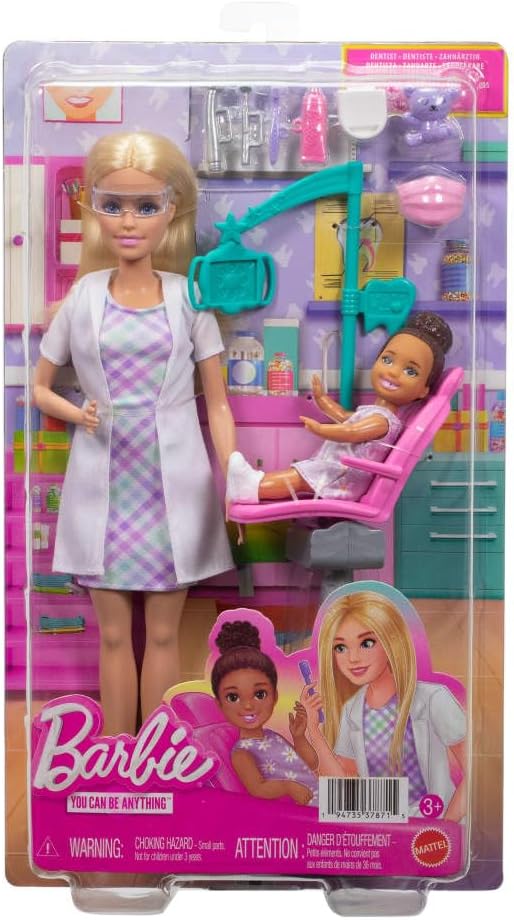 Barbie Careers Dentist Playset with Blonde Doll Wearing White Coat, Toddler Small Doll, Examination Chair & Accessories