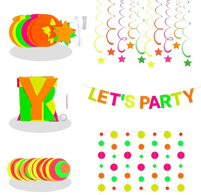Neon Party Supplies Includes Let's Party Banner, Round Dot Paper Garland, Neon Swirl Streamers,Glow in The Dark Party Supplies Decorations UV Blacklight Reactive Favor for Halloween Wedding Birthday