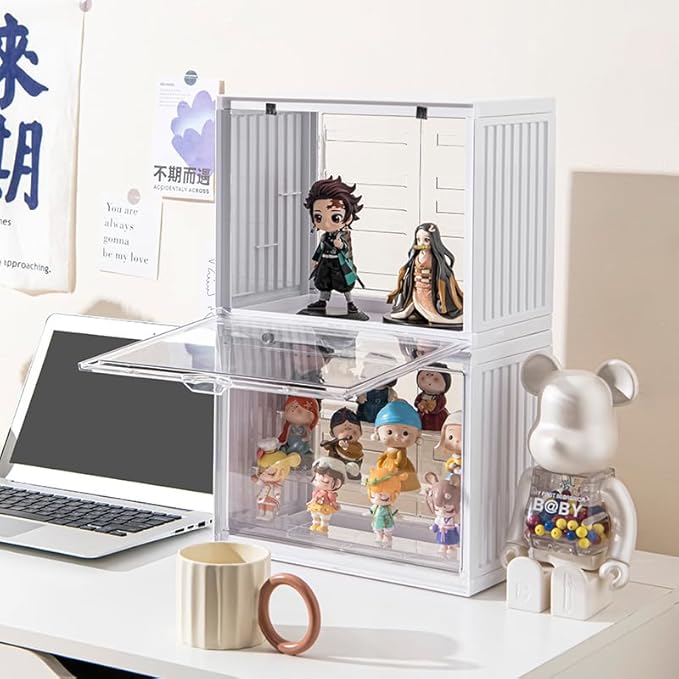 Clear Display Case for Figures, 3 Tier Adjustable Display Stand, Acrylic Display Box with Magnetic Door, Dustproof Showcase for Collectibles Mini Funko Pop Popmart Action Figures (Ivory-2 Pack)