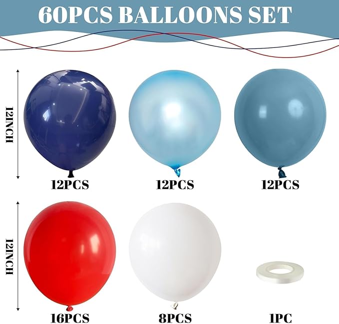Red Blue White Balloons, 12Inch 60Pcs Retro Navy Blue Matte Red and White Balloon, Royal Blue and Scarlet Latex Balloons for Boys Men Birthday Hero Theme Baseball Party Labor Independence Day Decor
