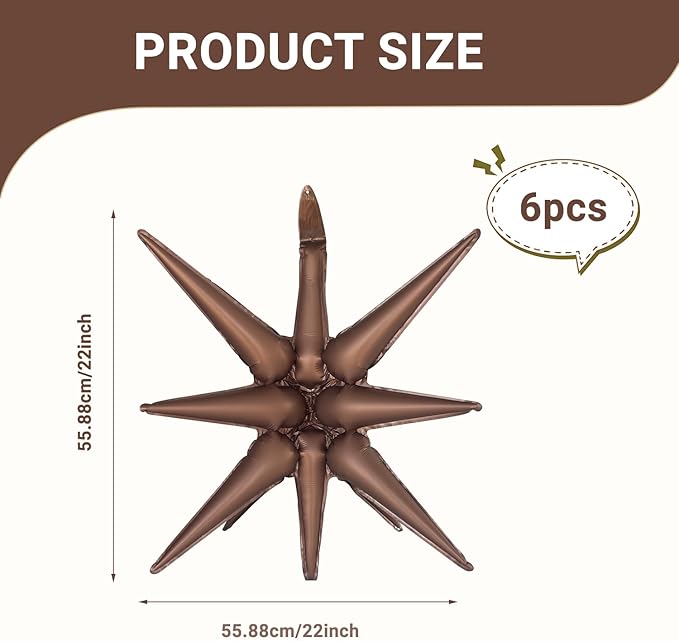 6 Pcs Brown Star Foil Balloons One-Piece 14-Pointed Star Balloon 4D Cone Mylar Balloon 22inch Christmas Birthday Wedding Wedding Anniversary Party Supplies(Brown)