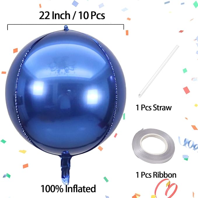 KALOR 10 Pcs 22 Inch Navy Blue Mylar Balloons, Large 4D Giant Round Foil Balloon Big Mirror Metallic Balloons for Birthday Party Baby Shower Gender Reveal Supplies