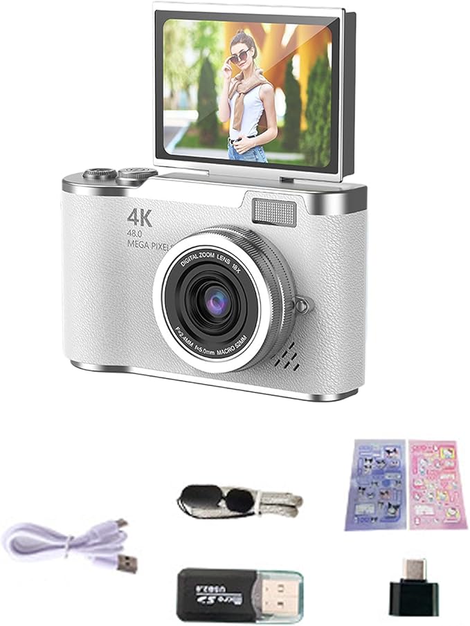 Denash Foldable Screen Kids and Beginners Camera,4K Digital Camera for Photography,48MP Digital Foldable Support 16X Zoom with Flip Scree (White)