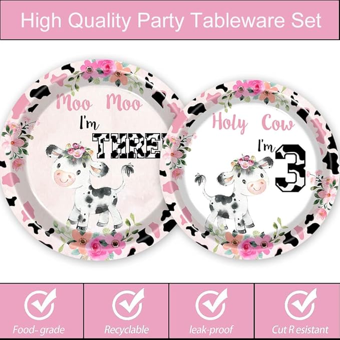 51 Pcs Holy Cow I'm Three Girls Birthday Party Supplies Moo Moo I'm Three Tablecloth Paper Plates Napkins Forks Dinnerware for Farm Animals Cow Theme Girls 3rd Birthday Party Supplies Decorations