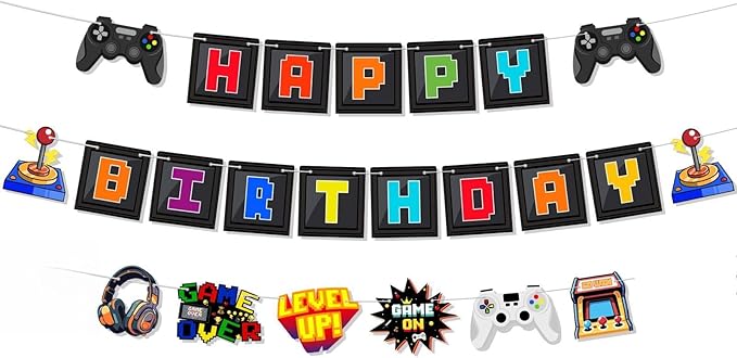 Pre-Strung Video Game Birthday Decorations, NO DIY Gaming Happy Birthday Banner, Game Signs Gamer Themed Party Supplies