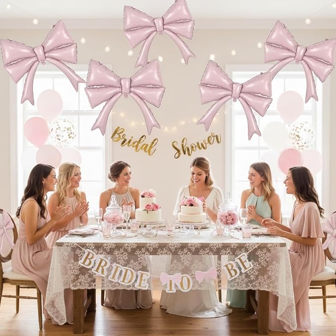 Retor Pink Bow Balloons Coquette Birthday Decorations, 4pcs Giant Dusty Baby Pink Bow Foil Mylar Balloon for Girls Women Bow Themed Party Decor Baby Shower Bridal Wedding Bachelorette Party Supplies