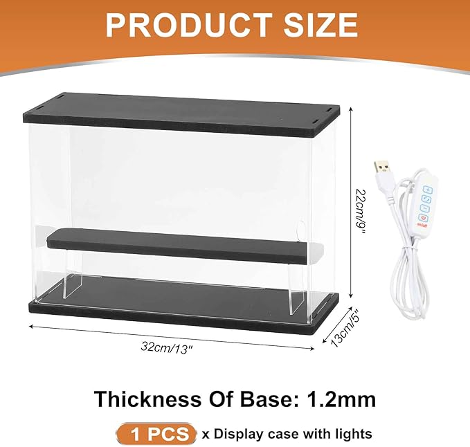 MECCANIXITY Clear Display Case, 2 Layer Acrylic Figure Display Case Clear Display Boxes for Collectibles, Figures Model Toys Home Storage(with Square LED Light, 13x5x9 Inch Black Base)