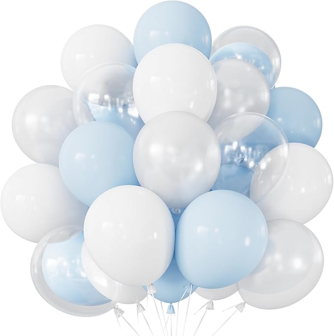 Pastel Blue and White Balloons, 50PCS Baby Blue, Pearl White & Clear Latex Balloons for Baby Shower, Birthday & Bridal Shower Party Decorations, Photo Backdrop