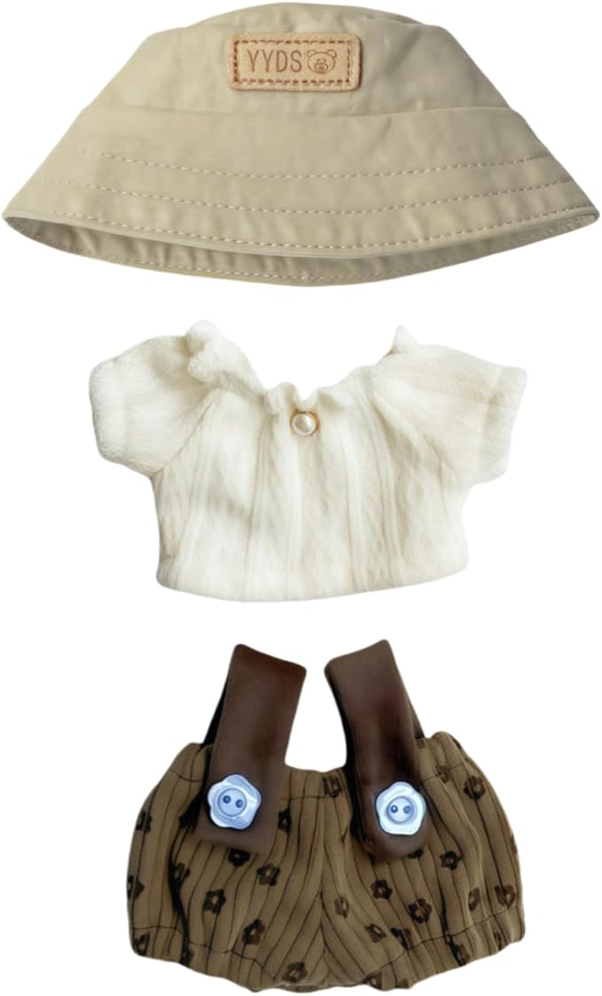 Clothes for Lu bubu 17cm Dolls Accessories(No Doll), Cute Outfit Set 3 Pieces Bib Pants Suitable for 17cm Doll Suit, Stylish Dress Up Overalls Doll Clothing Set Replacement with Hat Clothes Brown