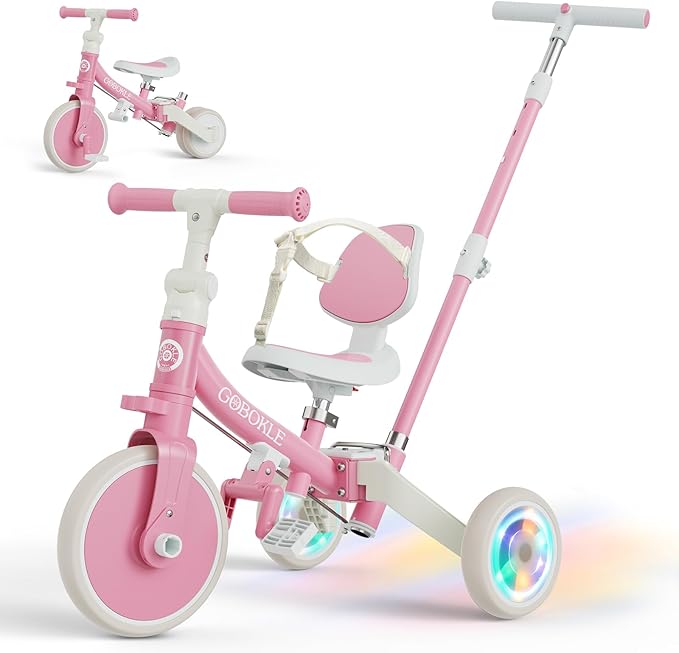 5-in-1 Tricycle for Toddlers 1-3, Convertible Toddler Bike with Push Handle & Removable Pedals, Balance Bike with Colorful Lighting Wheels, Adjustable Seat Height with Backrest(Pink)
