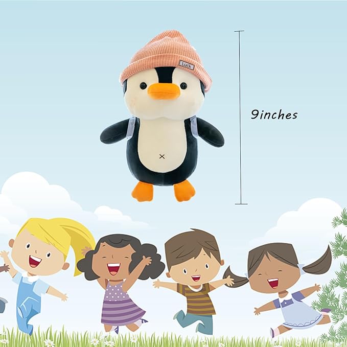 9 inches Penguin Stuffed Animals Soft Plush Cute Travel with Hat Backpack Doll for Boys Girls