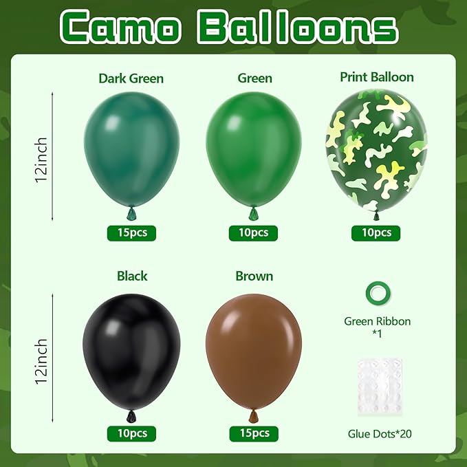 60pcs 12inch Camo Balloons, Green and Brown balloons with Dark Green Black Balloons for Hunting Camping Game Jungle Theme Camo Birthday Party Decorations