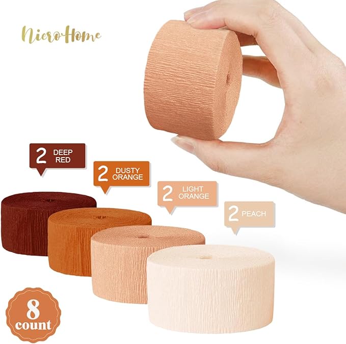 Wedding Decorations, 8 Rolls Rust Orange Brown Crepe Paper Streamers for Rustic Fall Wedding, Bridal Shower, Retro Party, Spring, Summer Decor, Birthday, 82 Ft Long