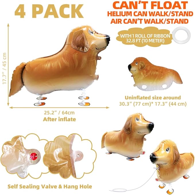 Cute Pet Walking Animal Dog Balloon Walk Golden Retriever Balloons, 4 Pack Air Walkers Puppy Balloons Golden Retriever Dog Party Decoration for Baby Shower Birthday Party Supplies