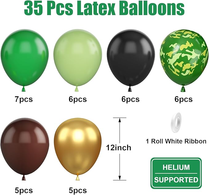 Green and Brown Balloons, 12 Inch Camo Balloons Brown, Sage Green and Metallic Gold Balloon Dark Green and Black Balloon for Army Theme Hunting Camping Jungle Birthday Baby Shower Supplies