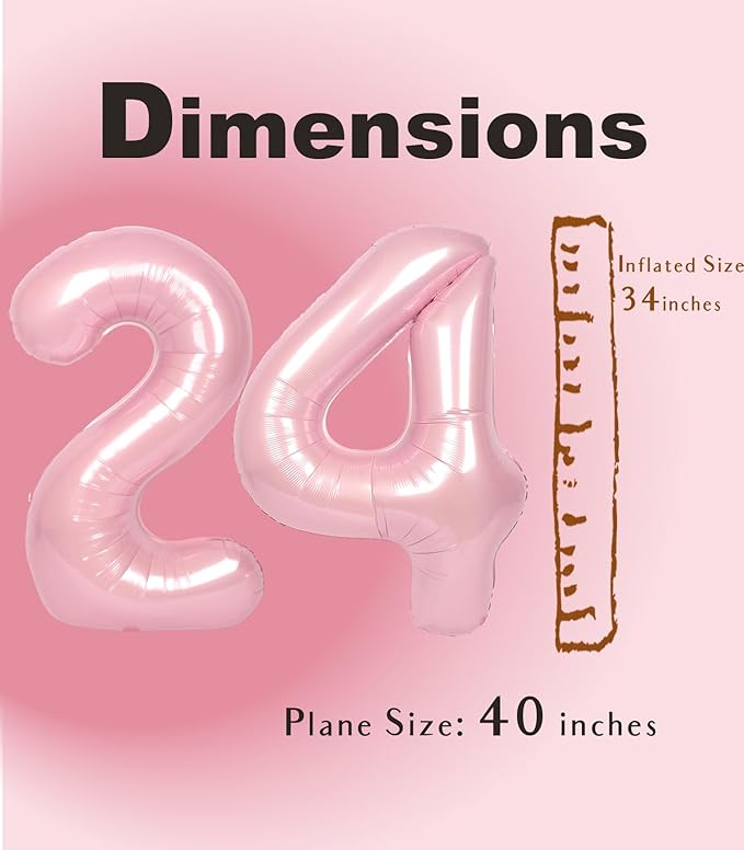 SUWEN 40 Inch Large Pink 24 Number Balloons Big Foil Helium Number Balloons 0-9 Jumbo Happy 24th Mylar Birthday Party Decorations for Women 42 Anniversary Party Supplies