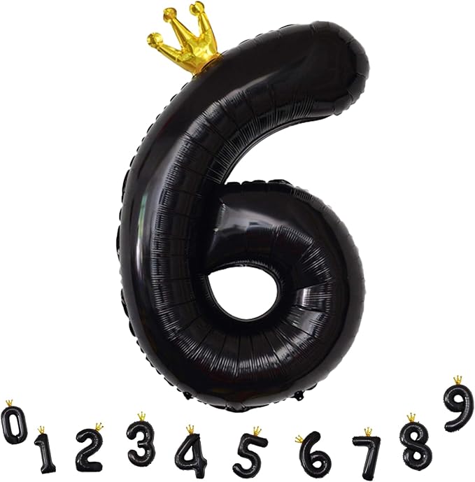 Large Number 6 Balloons, Black 40 Inch Foil Number Balloon for Boys, Crown Self Inflating 0-9 Set Balloons for Girls 6th Birthday Party Decoration Anniversary Party Decorations kids Boys Supplies