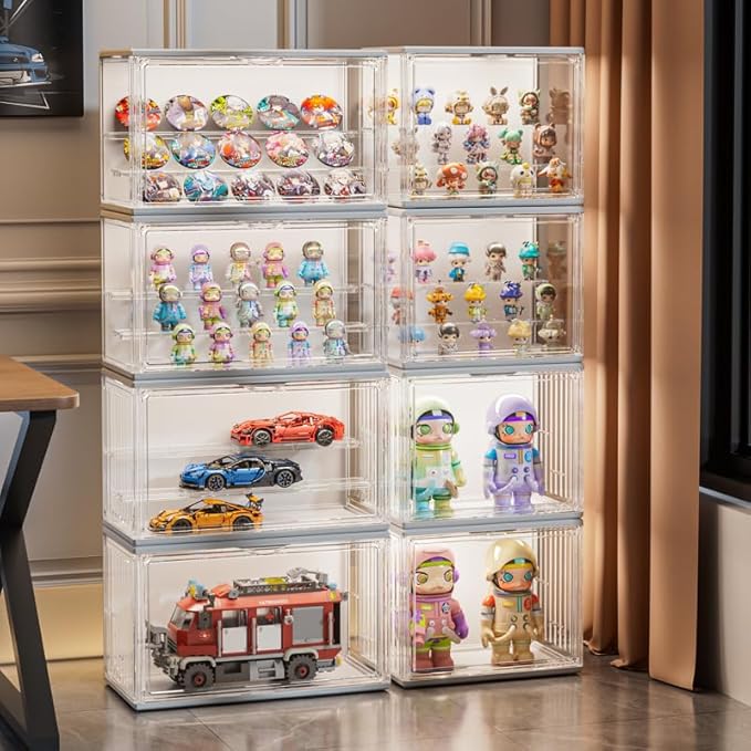 3 Tiers Clear Display Case with Lights, Acrylic Storage Organizers Box with Magnetic Door, Acrylic Dustproof Showcase for Collectibles Action Figure((1, White Large)