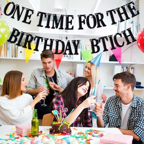 One Time for The Birthday Lady Banner - Happy Birthday Bunting Backdrops - Funny Birth Day Sign, Woman Girl Celeration Party Decorations Supplies, Black Glitter