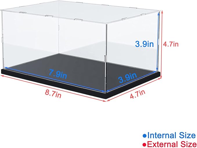Clear Acrylic Display Case for Collectibles Assemble Transparent Acrylic Box Dustproof Protection Showcase with Black Wood-Plastic Base and Lamp Beads,Inside 7.9x3.9x3.9inch