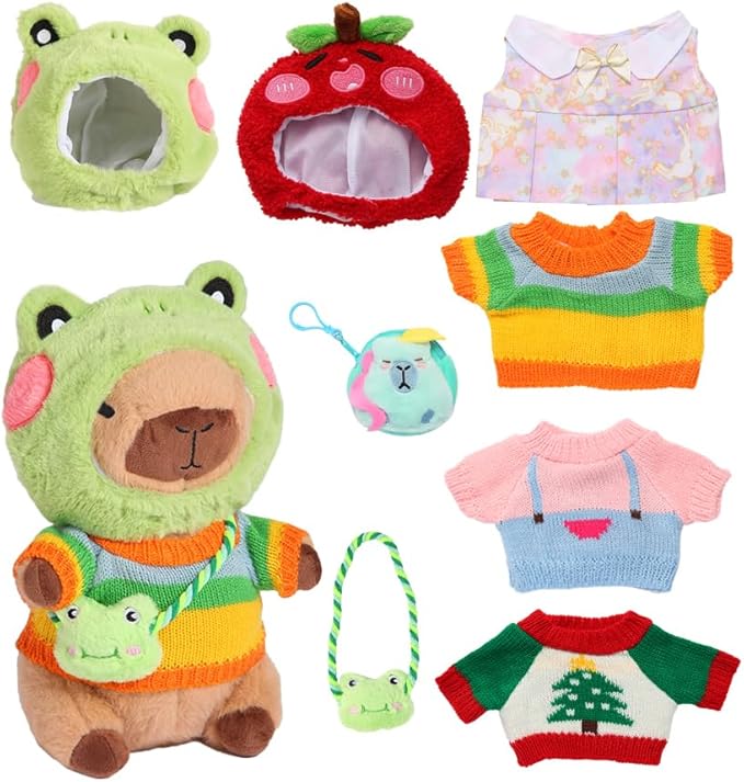Kawaii Capybara Plush with 9 pcs Clothes & Accessories, 10.2 in Capybara Plushie with Outfits Capybara Stuffed Animal Plush Toys for Kids Boys Girls