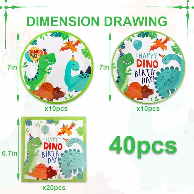 40Pcs Dino Birthday Party Supplies 20 Plates + 20 Napkin Watercolor Dinosaur Birthday Party Decorations (Watercolor Dinosaur)