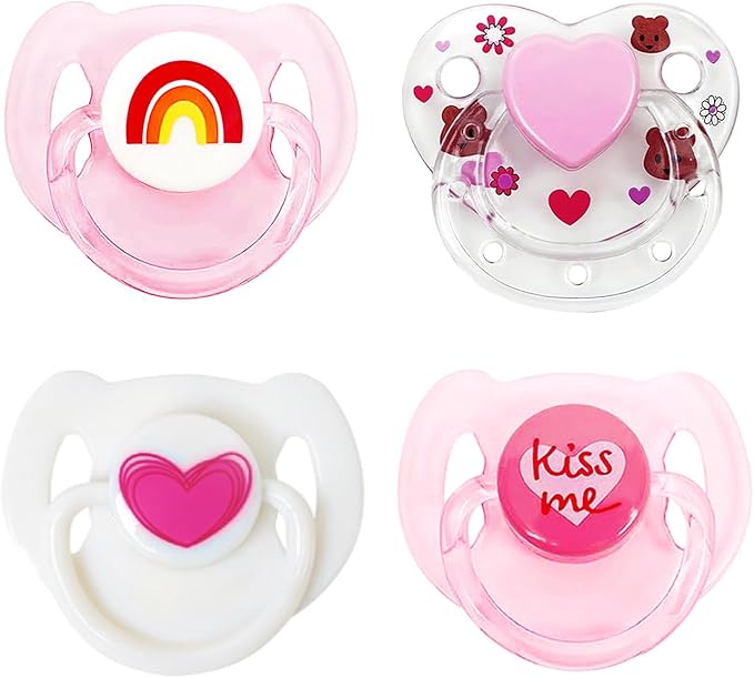 Pink Style Magnetic Pacifier Set 4 Pieces for Reborn Baby Dolls Feeding Toy Accessories Set（Rainbow, kiss me, Heart, Little Heart Bear