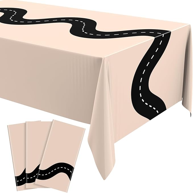 Irenare 3 Pcs Racing Table Cloths Car Birthday Party Supplies 54 x 108 Inch Racetrack Table Runner Covers Disposable Rectangular Road Tablecloth for Kids Boy Car Theme Party Decor (Khaki)