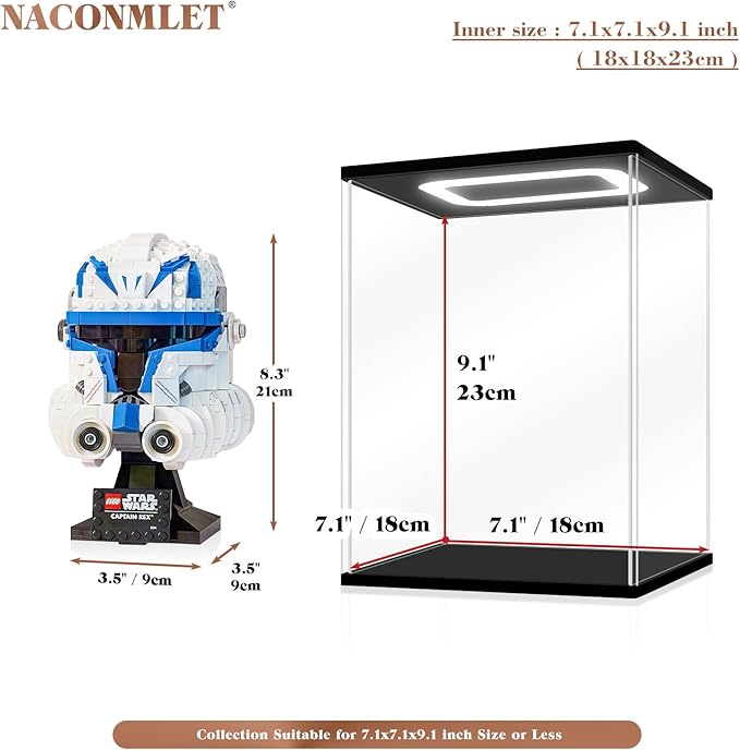 Clear Acrylic Display Case with Light Compatible with Lego 75328 & 76187 Helmets, 12-Mode RGB Tabletop Dustproof Showcase Box, Full Acrylic Sturdy Frame, 7.1x7.1x9.1 Inch