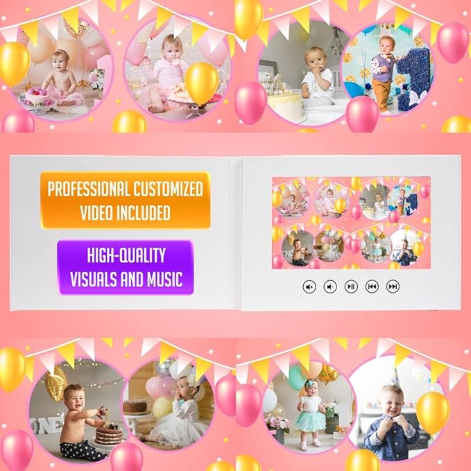 Personalized Baby Birthday Video Greeting Card – Upload Photos for Custom Animated Slideshow – Adorable Gift for Little Ones – 7” HD Display, 4GB Memory, Rechargeable Battery, USB Charging