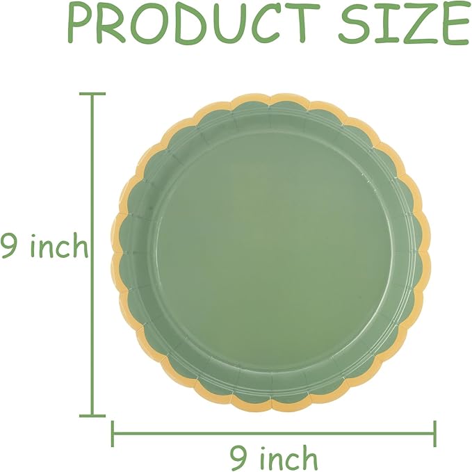 96 Pcs Sage Green Scalloped Party Paper Plates Disposable, 9" Cute Sage Green Dinner Baby Bridal Shower Dessert Birthday Paper Plate for Baby Shower Wedding Party Supplies