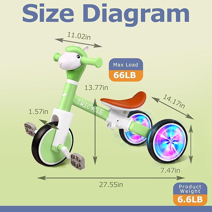 Toddler Balance Bike for Boys Girls, Tricycle for Toddlers 1-5 Year Olds, Toddler Tricycle with Light & Music Front, Kids Bicycle with Removable Pedal, Birthday Gifts for Kids (Flash Wheel Green)