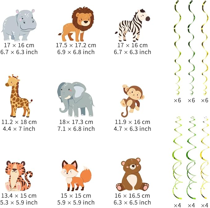 Safari Animal Party Streamers, 48 Pcs Jungle Theme Hanging Swirl Decorations - Hippo, Lion, Zebra & More for Birthday, Holiday, Classroom & Party Decor