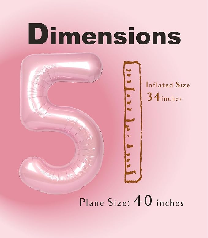 SUWEN 40 Inch Pink Large 5 Number Balloons Big Foil Helium Number Balloons 0-9 Jumbo Happy 5th Mylar Birthday Party Decorations for Girl Anniversary Party Supplies
