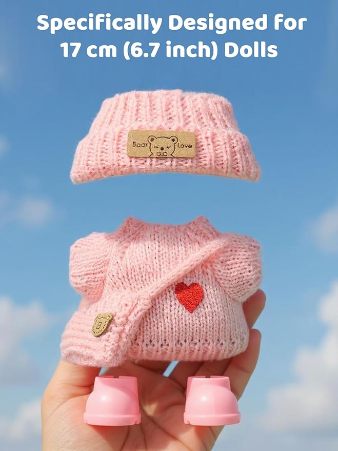 2026 New Crochet Doll Clothes Set for 17cm (6.7 inch) Dolls - 4 Piece Outfit with Hat, Dress, Backpack & Shoes - Cute & Stylish Accessories for, Light Pink (Doll Not Included)