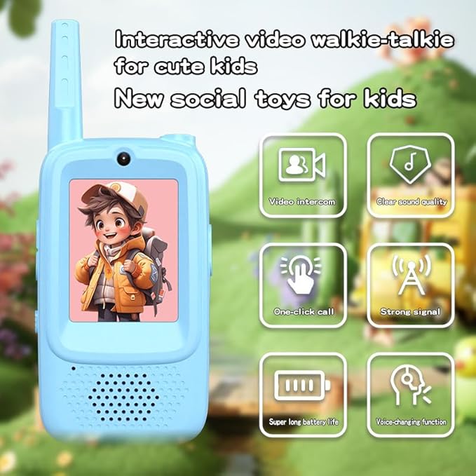 Video Walkie Talkies for Kids, 2 Pack Upgraded Battery Rechargeable Video Intercom with HD Camera Voice Changer, Long Range Gift Toys for Boys Girls Ages 3-12, Outdoor Play, Camping, Travel, Hiking