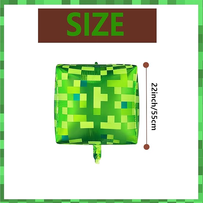 3Pcs Large Pixel Boxes Cube Foil balloons 22Inch Video Game Miner Theme Mylar Balloon Pixel Mining Game Birthday Party Decorations Supplies Green