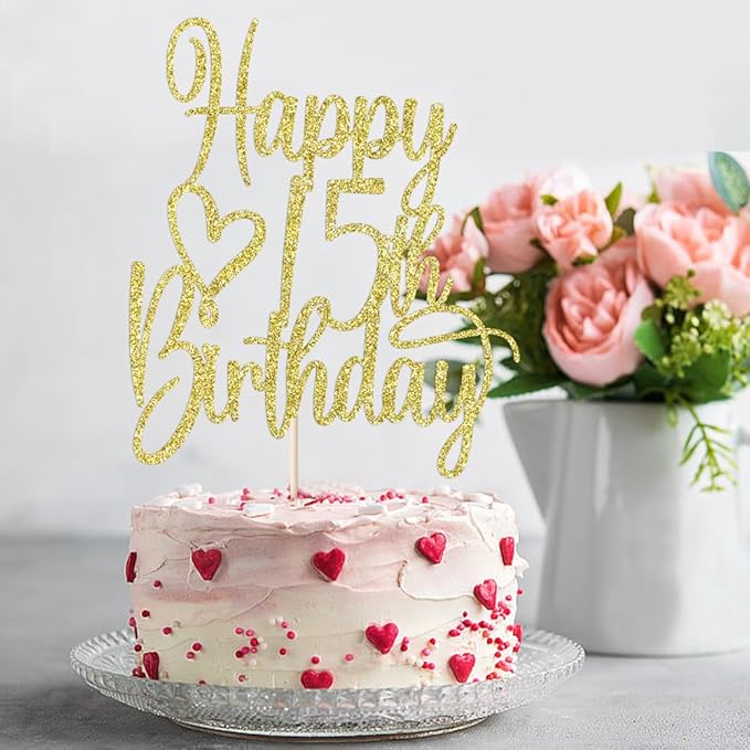 Gold Glitter Happy 15th Birthday Cake Topper - Cheers to 15 Years Cake Topper, 15 & Fabulous Cake Decoration for Hello 15th Birthday Anniversary Party Cake Decorations Supplies