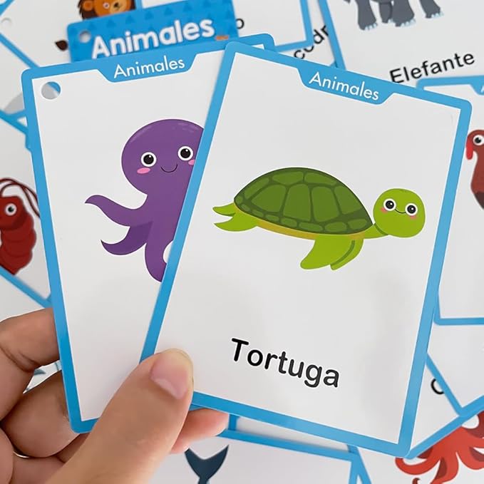 Animales Spanish Animals Vocabulary Flash Cards, Language Learning Classroom Supplies, Words Cognitive Cards for Preschool Kindergarten, Homeschool Teaching Aids