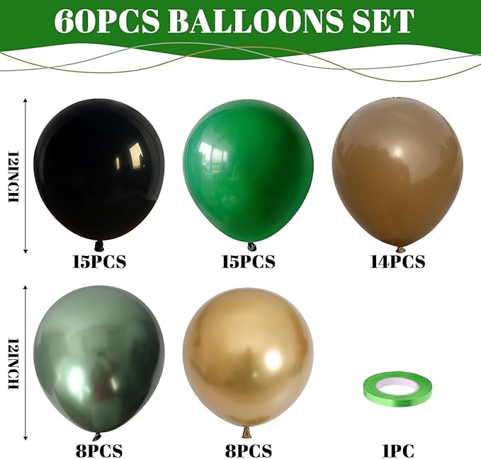 Green and Brown Balloon, 60Pcs 12Inch Dark Green Black Metallic Gold Latex Balloon, Metallic Avocado Tan Chrome Gold Balloons for Camo Camping Game Army Jungle Safari Theme Birthday Party Decor