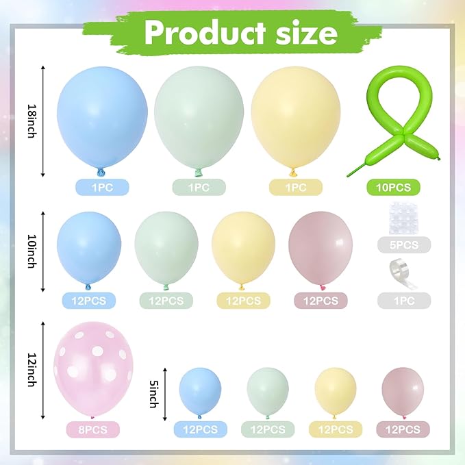 Pastel Balloon Arch Garland Kit, Macaron Pink Green Blue Yellow Latex Party Balloons Rainbow Pastel Color Easter Balloon for Easter Spring Wedding Graduation Baby Shower Birthday Party Decorations