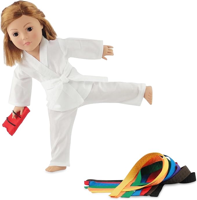Emily Rose 18 Inch Doll Karate Outfit – 11 Pc Martial Arts Taekwondo Doll Clothes & Accessories Set with 9 Ranking Belts, Gi Uniform, Kick Pad, Gift Boxed from Trusted USA Brand (No Doll)