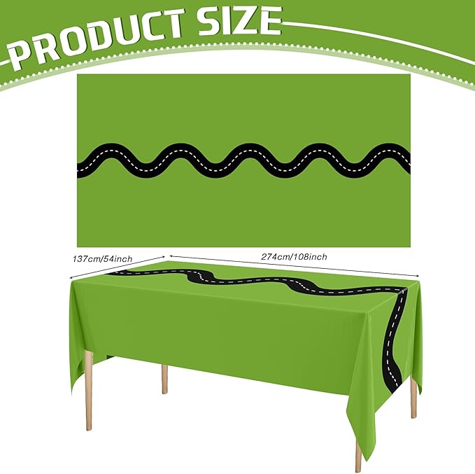 Irenare 3 Pcs Racing Table Cloths Car Birthday Party Supplies 54 x 108 Inch Racetrack Table Runner Covers Disposable Rectangular Road Tablecloth for Kids Boy Car Theme Party Decor (Green)