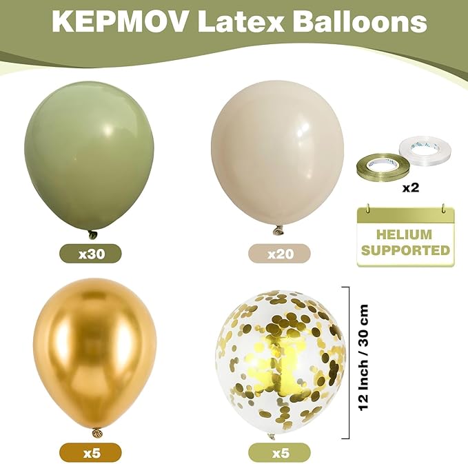 Sage Green and Gold Balloons, 60pcs 12 Inch Sage Green White Sand Balloon Set with Metallic Chrome Gold Confetti Latex Helium Balloons for Jungle Safari Forest Theme Birthday Graduation Party Supplies