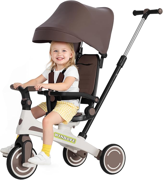 Winhope Kids Tricycle, 6 in 1 Baby's Tricycle Toddler Trike with Adjustable Push Handle, Reversible Seat and Canopy, Baby Stroller for 1-6 Year Olds, Suitable for Outdoor Activities(Coffee)