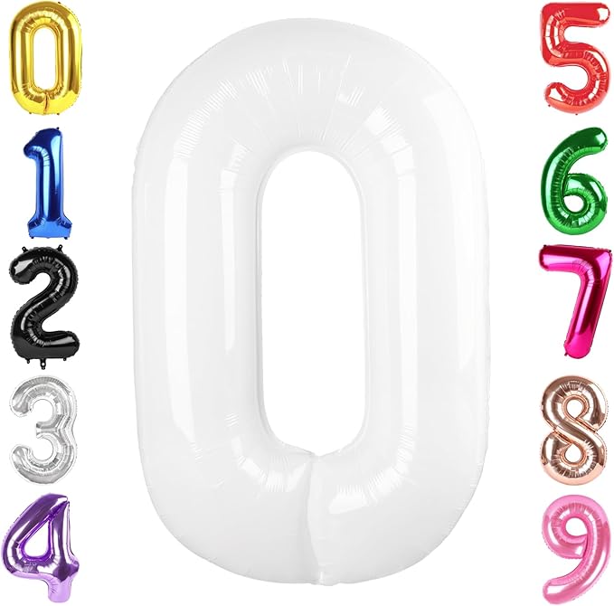 40 Inch White Number 0 Balloon, Giant Number 0 Balloons for 10th 20th 30th 40th Birthday Decorations, Party Supplies for Baby Boy Girl, White Party Decor
