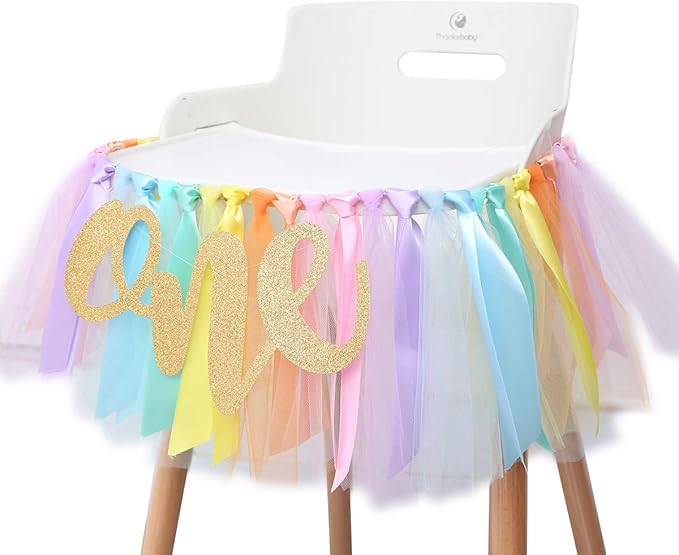 Pastel Rainbow High Chair Banner for 1st Birthday - Party Supplies with Tutu Skirt and Pennant