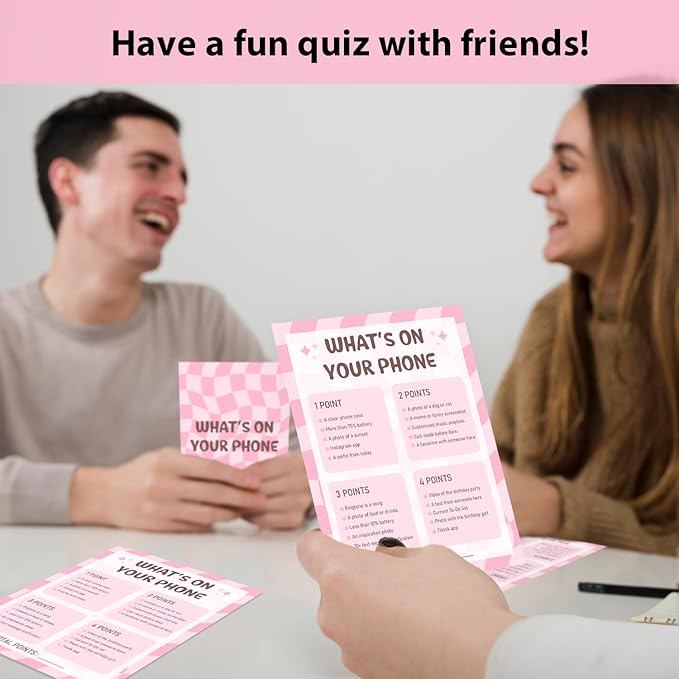 Birthday Party Games Cards - What's On Your Phone, Pink Bday Party Games for Teen Girl Adult, Set of 20 pcs Cards, Birthday Party Favor Activity Sleepover Party Decor Supplies - FS265